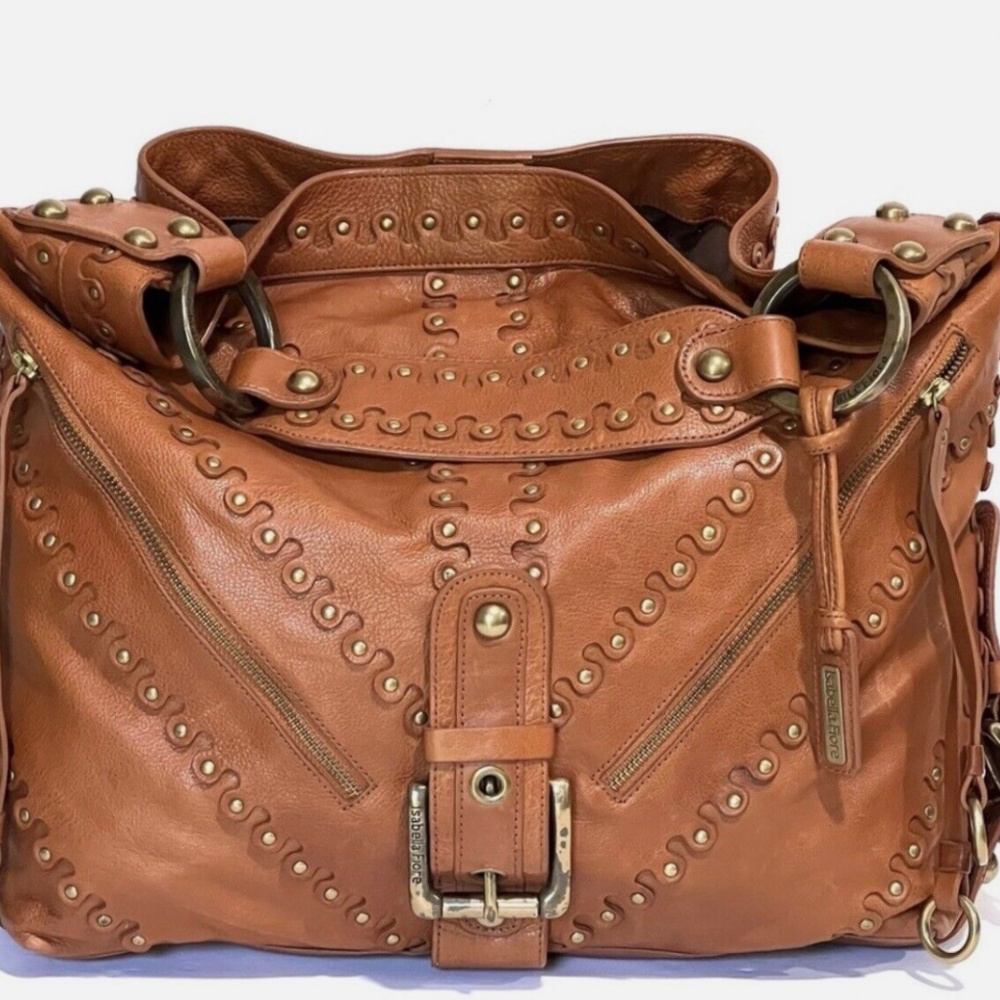 Isabella Fiore Carina Metal of Honor Stud Muffin Hobo Cognac Leather Bag - Picture 2 of 10